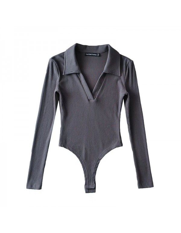 New Spice Girls sexy deep V-neck long-sleeved one-piece women's autumn and winter polo lapel slim bottom T-shirt top 