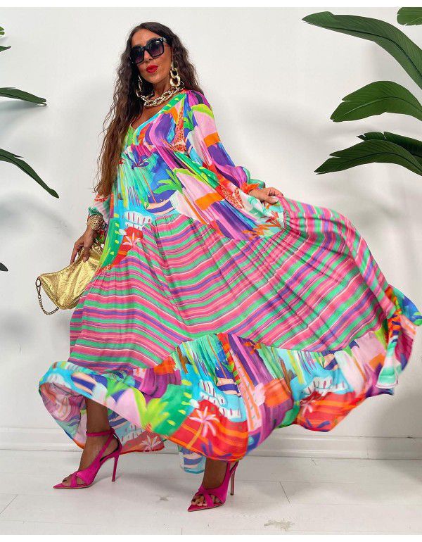 Oversized Swing V-Neck Print Dress Spring/Summer New Vintage French Court Style Pleated Long Sleeve Loose Fit Dress