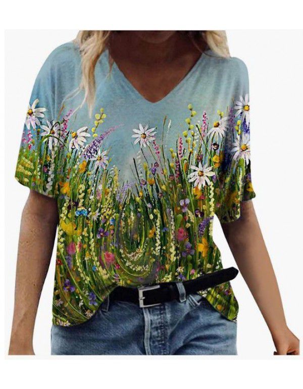 Summer New Landscape Painting Print V-Neck Short Sleeve T-shirt Women