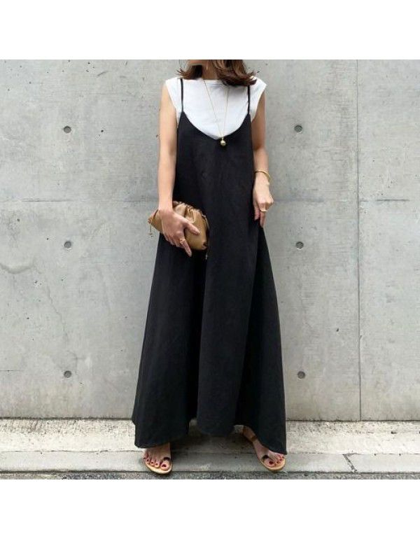 Summer New Loose Black Slim Casual Strap Long Dress