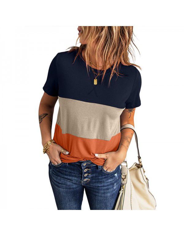 Shiying Short Sleeve T-shirt Women's European Summer New Stripe Pattern Women's Loose Round Neck Top Women