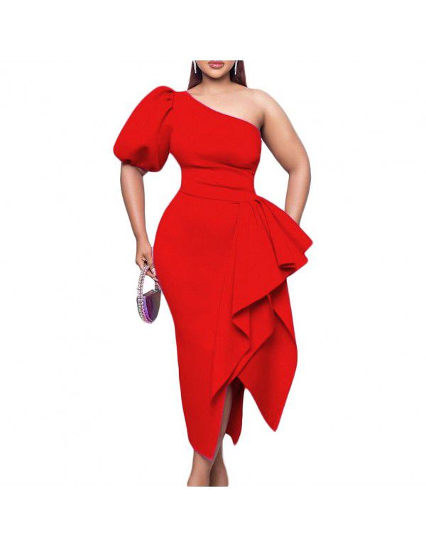 New Independent Station Oblique Collar Split Ruffle Dress Sexy Occidental Dress