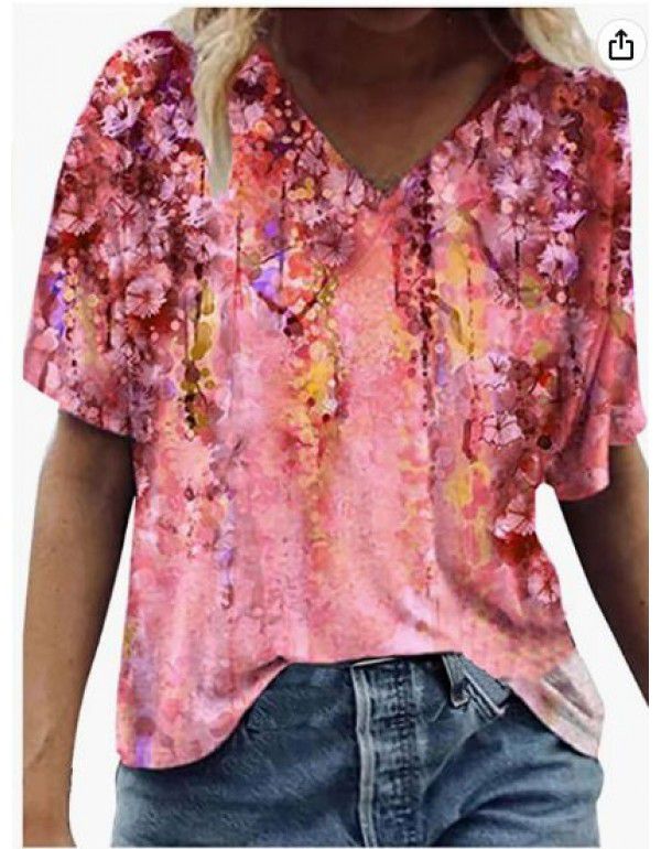 Summer New Landscape Painting Print V-Neck Short Sleeve T-shirt Women