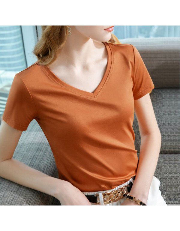 Ice feeling mercerized cotton short-sleeved t-shirt women's new style women's temperament v-neck pure cotton t-shirt pure color high-grade top 
