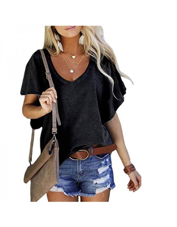 New Solid Ruffle Sleeve Loose V-neck Short Sleeve Top T-shirt Women