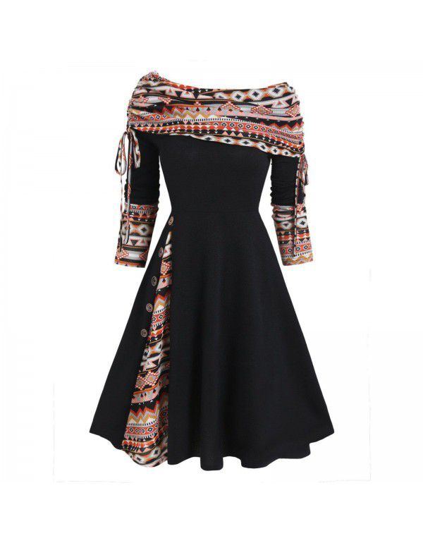 Women's autumn and winter new long-sleeved one-shoulder solid color printed patchwork button dress 