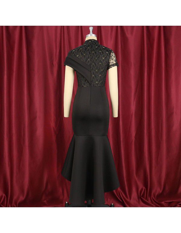 Round neck sexy perspective lace short sleeve high waist ruffled party dress for women 