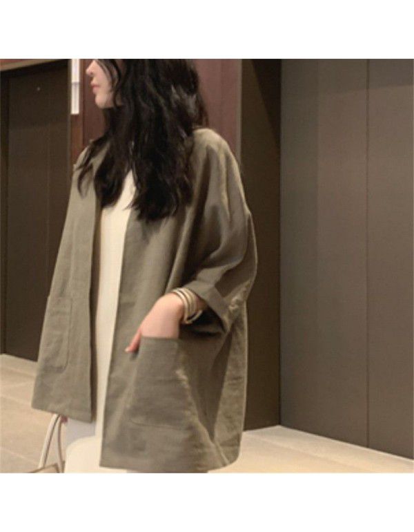 Loose ice silk cotton and hemp top Spring and summer new vintage large color contrast simple cotton and hemp T-shirt female 