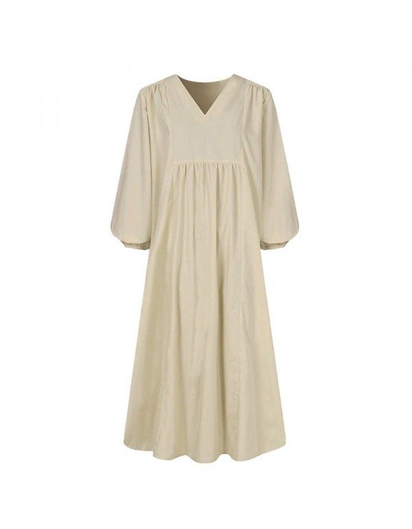 Summer New Fashion Women's Cotton Linen Loose Lantern Sleeves Occidental Dress