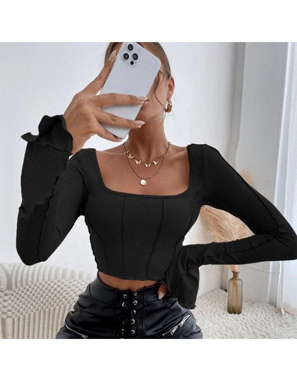 Spring and Summer New Slim Fit Long Sleeve Square Neck Pullover Knitted Top T-shirt Women