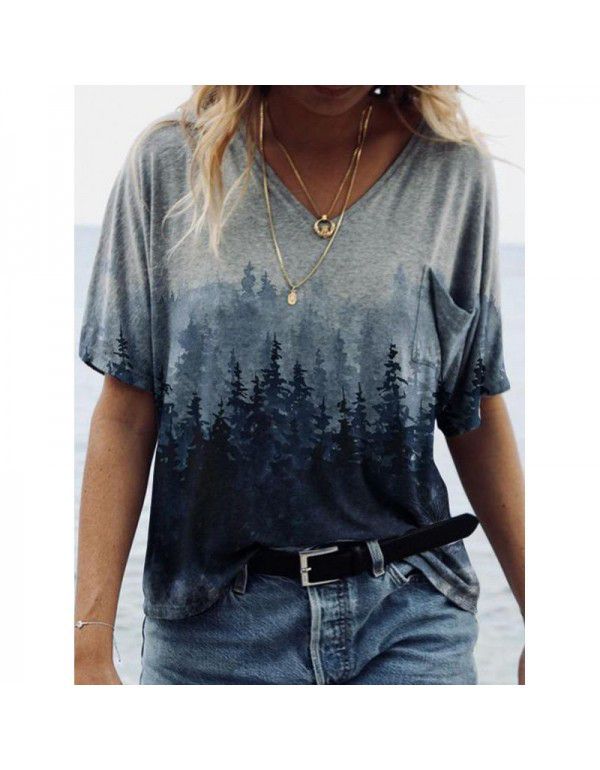 Summer New Landscape Painting Print V-Neck Short Sleeve T-shirt Women