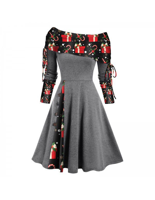 Women's autumn and winter new long-sleeved one-shoulder solid color printed patchwork button dress 