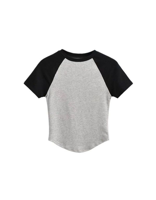 Retro panel contrast hem irregular versatile top summer basic round neck slim short t-shirt women 
