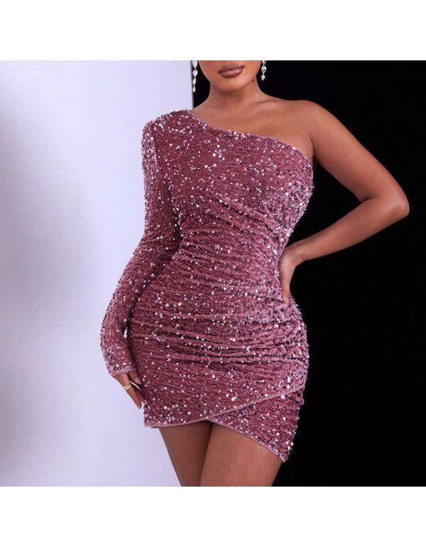 Summer new sexy one-shoulder sequin dress with high-grade feeling solid color evening dress with tight hot girls' buttock skirt 