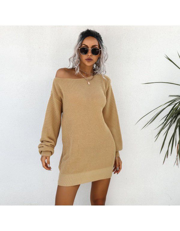Women's autumn and winter dress European casual off shoulder lantern sleeve knitted woolen dress