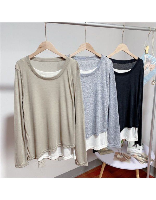 Fake two thin Tencel facial mask long sleeve round neck T-shirt women's spring loose medium length bottoming shirt top 