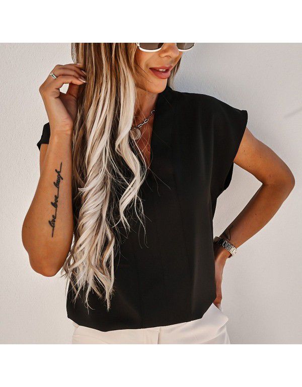 European and American Solid Color V-Neck Short Sleeve T-shirt Top Women's Wear