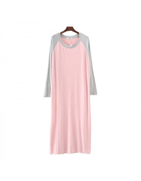 Spring and summer new Modal patchwork dress with long sleeves, loose and thin, large size sleepwear, home dress, long skirt 