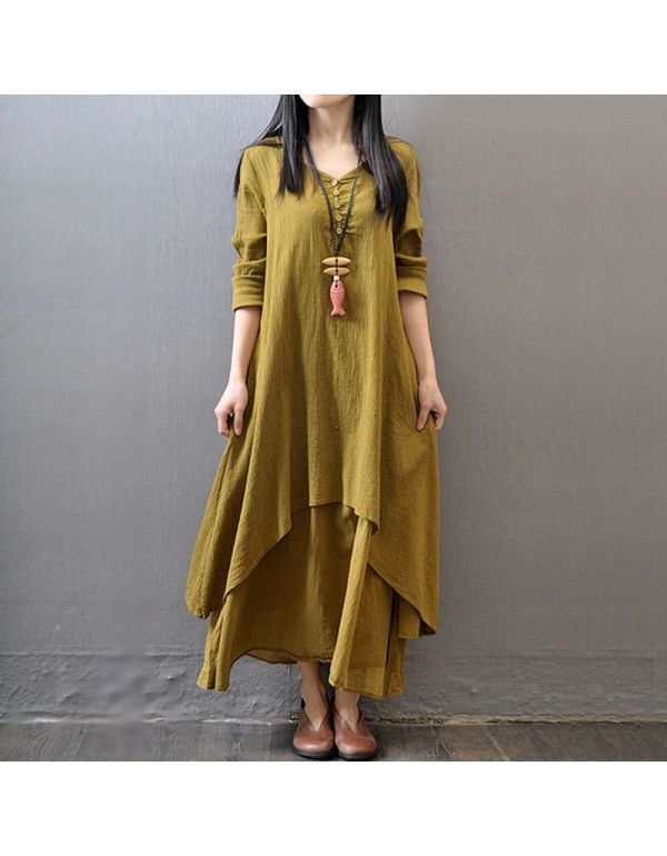 Spring and autumn holiday two-piece long skirt, artistic large linen dress, loose long-sleeved cotton and linen skirt 