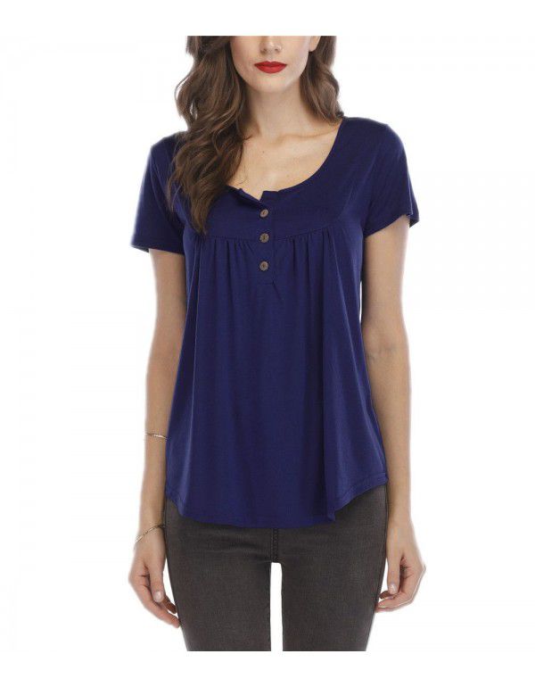 Hot summer sale pleated button loose fitting short sleeve T-shirt