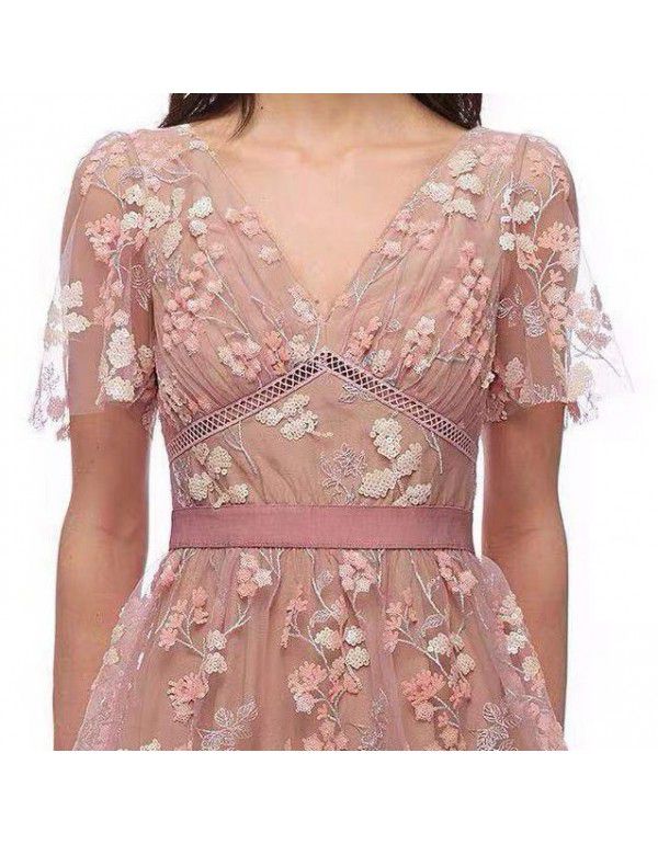 SP new pink flower sequin beaded high waist V-neck temperament long dress holiday party heavy embroidery dress 