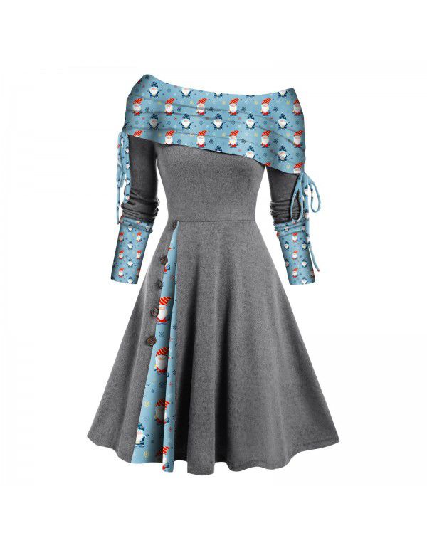 Women's autumn and winter new long-sleeved one-shoulder solid color printed patchwork button dress 