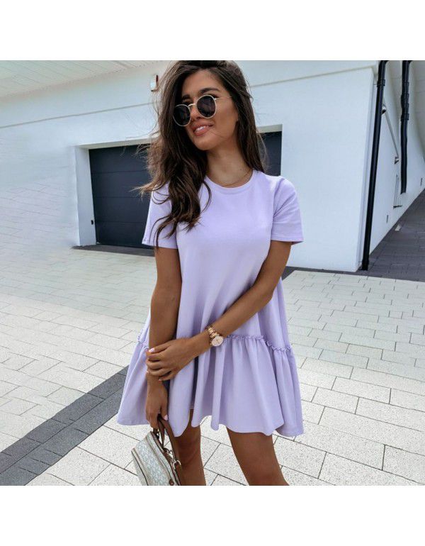 Spring New Temperament Commuter Mid-waist Solid Color Pullover Loose Round Neck Ruffle Flap Dress Women's Dress 