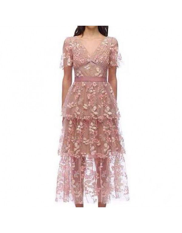 SP new pink flower sequin beaded high waist V-neck temperament long dress holiday party heavy embroidery dress 