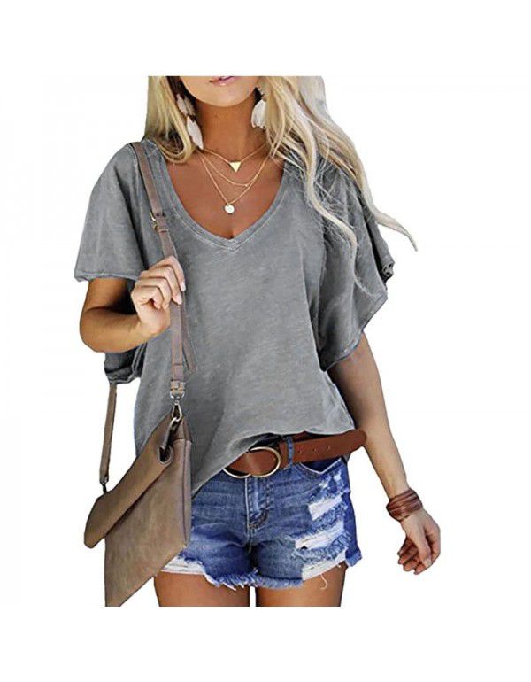 New Solid Ruffle Sleeve Loose V-neck Short Sleeve Top T-shirt Women