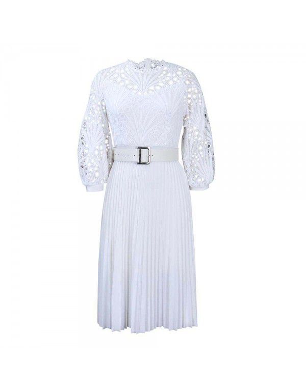 Summer Oversized Lace Hooked Flower Sexy Hollow Out Pleated European and American Dress Dress 