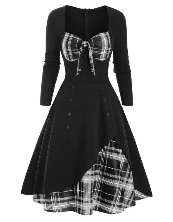 Spring and summer new women's color contrast stitching double-breasted large hem dress 