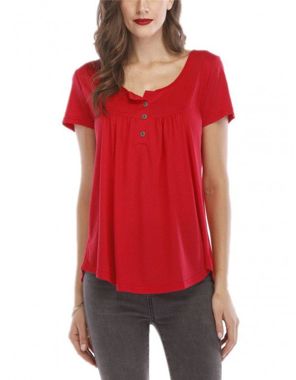Hot summer sale pleated button loose fitting short sleeve T-shirt