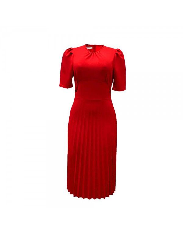 Summer New Short Sleeve Pressed Pleated Solid Color Foreign Trade Dress for Europe and America