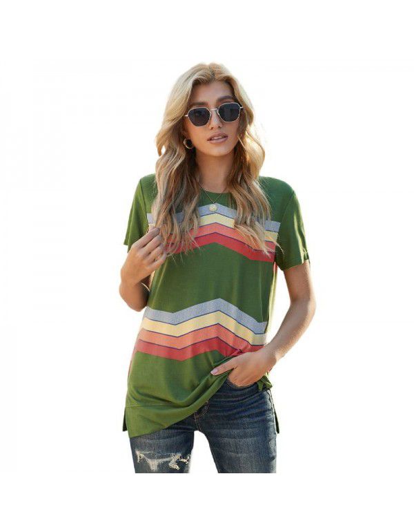 Shiying Short Sleeve T-shirt Women's European Summer New Stripe Pattern Women's Loose Round Neck Top Women