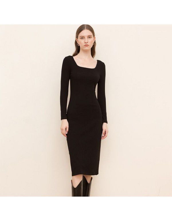New Square Neck Cotton Medium Length Dress Women Solid Long Sleeve Slim Fit Split Mid Waist Pencil Dress Women