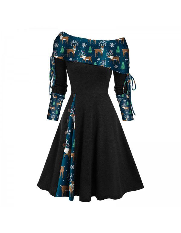 Women's autumn and winter new long-sleeved one-shoulder solid color printed patchwork button dress 