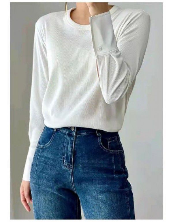 Recommended white round-neck long-sleeved shirt sleeve design sense careful machine T-shirt women's versatile top 