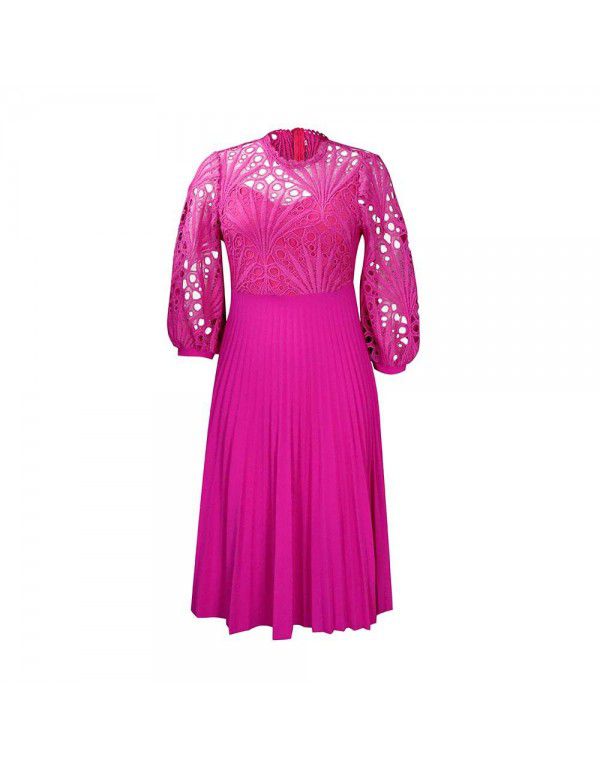 Summer Oversized Lace Hooked Flower Sexy Hollow Out Pleated European and American Dress Dress 