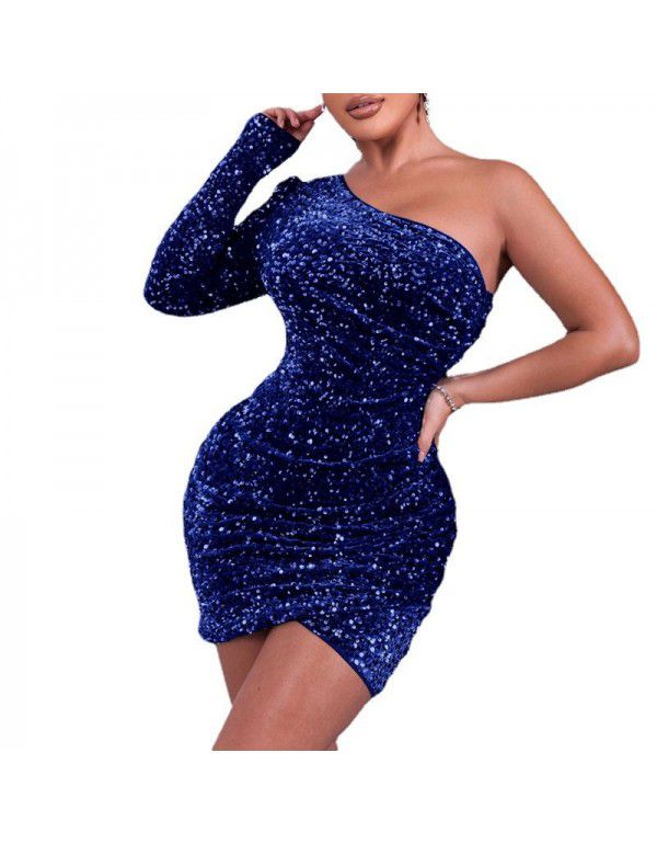 Summer new sexy one-shoulder sequin dress with high-grade feeling solid color evening dress with tight hot girls' buttock skirt 