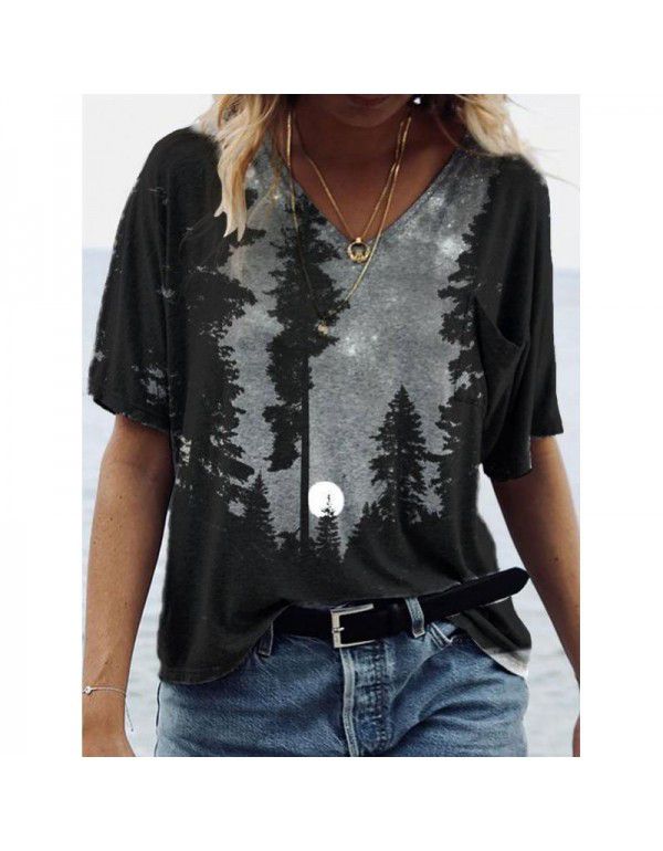 Summer New Landscape Painting Print V-Neck Short Sleeve T-shirt Women