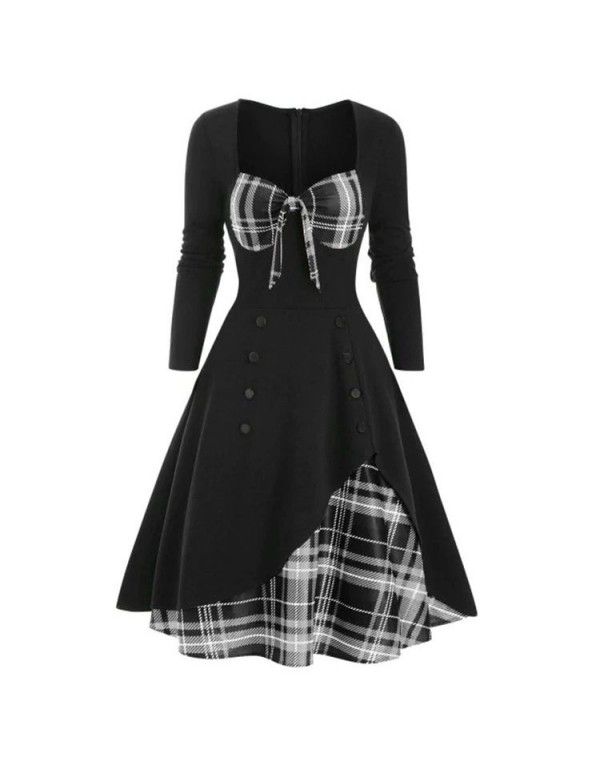 Spring and summer new women's color contrast stitching double-breasted large hem dress 