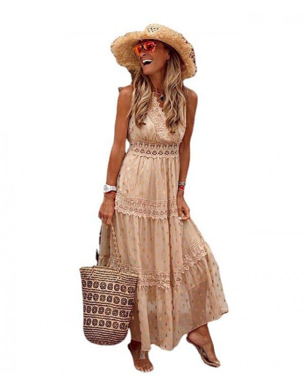 Sexy Deep V Sleeveless Summer Chiffon Dress Panel Midlength Dress
