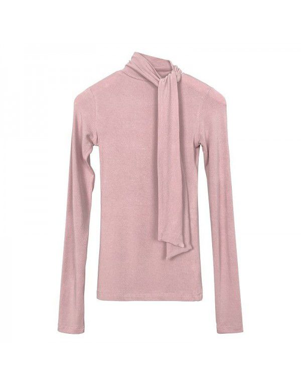 New sexy celebrity woman-style ribbon tight-fitting, slightly revealing chest, large high-necked long-sleeved T-shirt, female 