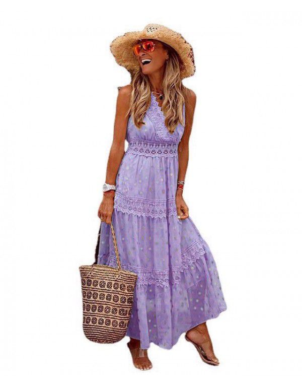 Sexy Deep V Sleeveless Summer Chiffon Dress Panel Midlength Dress