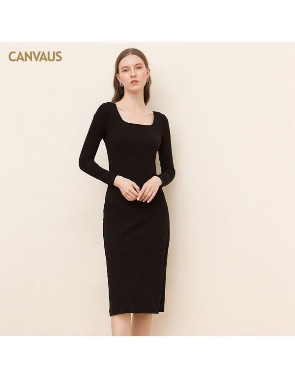 New Square Neck Cotton Medium Length Dress Women Solid Long Sleeve Slim Fit Split Mid Waist Pencil Dress Women