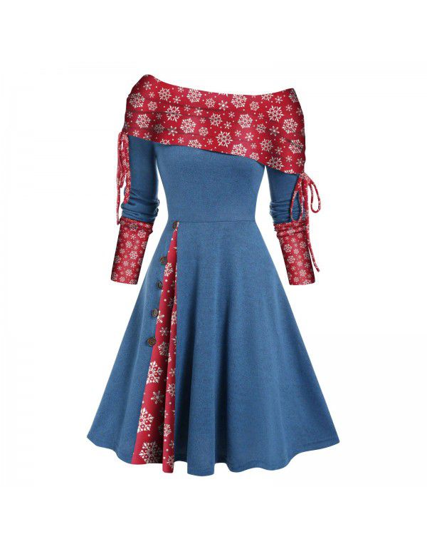 Women's autumn and winter new long-sleeved one-shoulder solid color printed patchwork button dress 