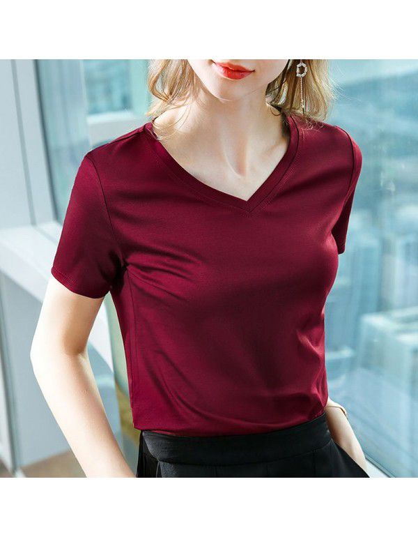 Ice feeling mercerized cotton short-sleeved t-shirt women's new style women's temperament v-neck pure cotton t-shirt pure color high-grade top 