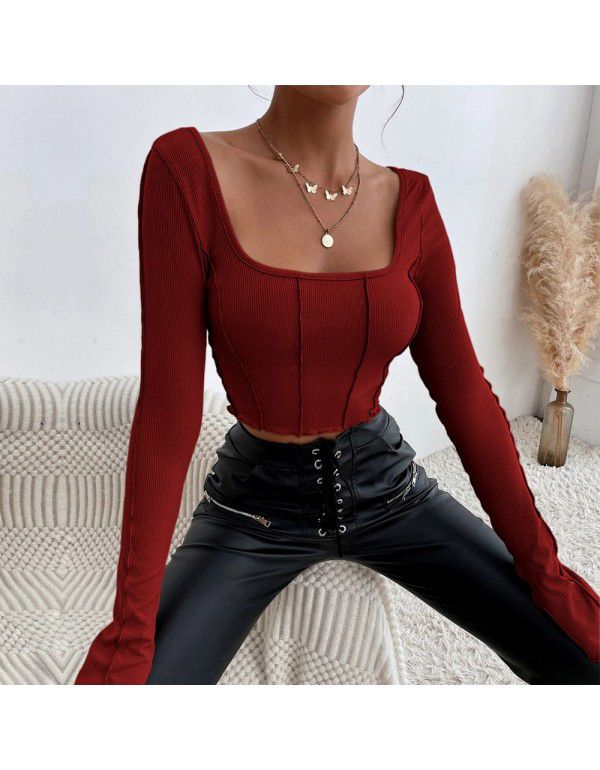 Spring and Summer New Slim Fit Long Sleeve Square Neck Pullover Knitted Top T-shirt Women
