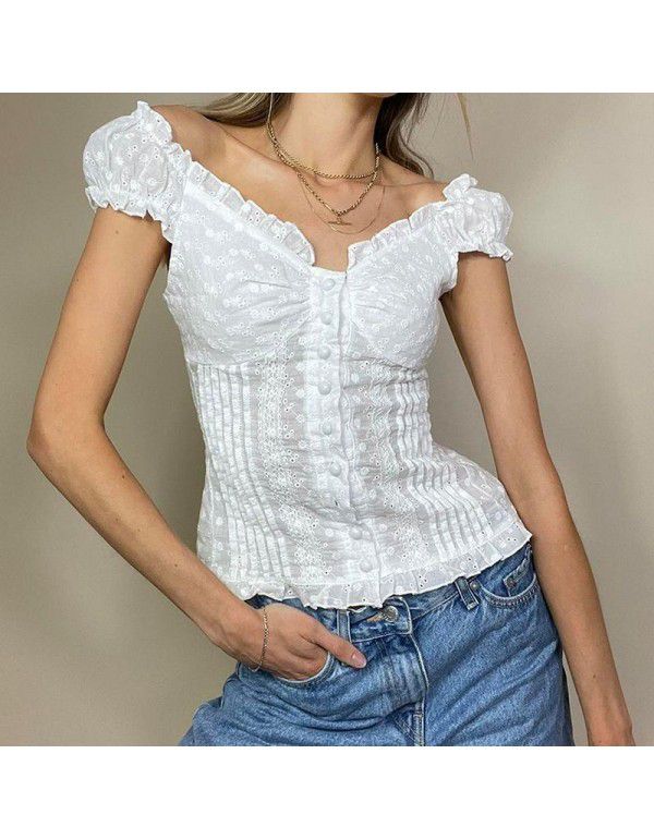 Pure sexy lace panel pleated slim button V-neck short sleeve T-shirt top female 