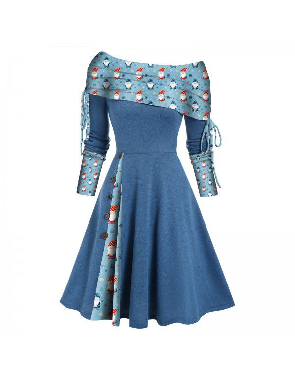 Women's autumn and winter new long-sleeved one-shoulder solid color printed patchwork button dress 